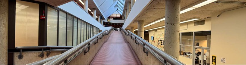 Photo of the Library ramp looking up from the information booth area.