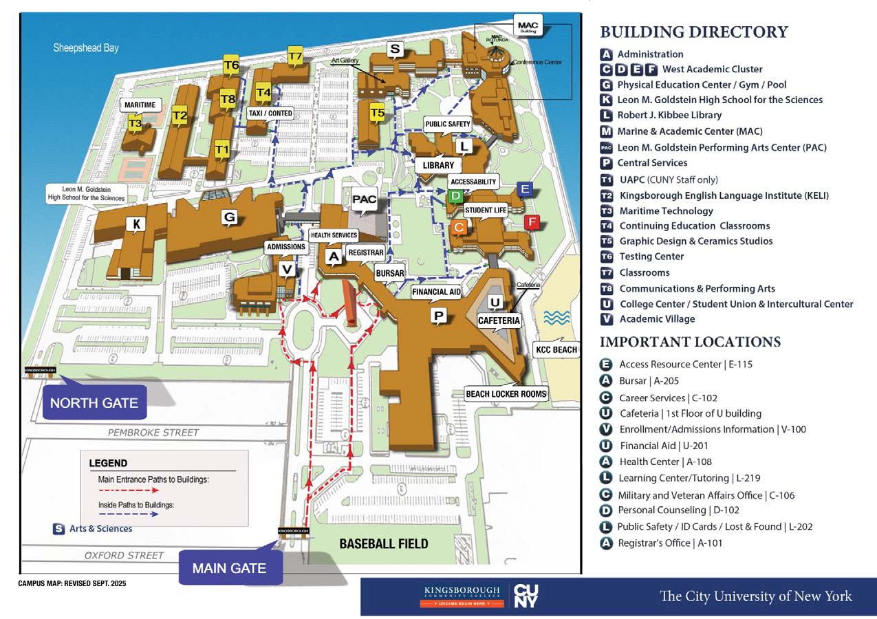 Illustration of the Kingsborough Campus map with building directory and important locations.