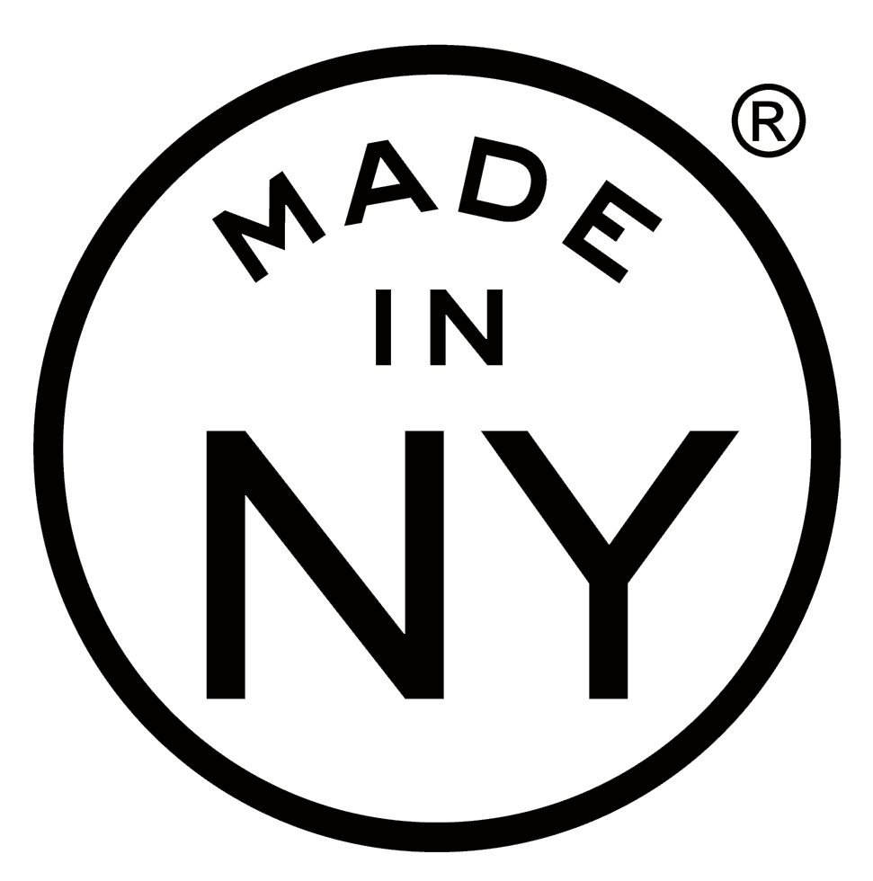 Made in NY logo: black outlined circle with black block letters on white background