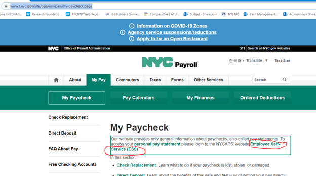 A screenshot of the My Paycheck page on the NYC Payroll website, circled in red is the Employee Self-Service (ESS) link within the first paragraph