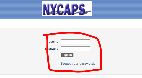 A screenshot of a login page, NYCAPS logo at the top, User ID and Password fields are circled in red