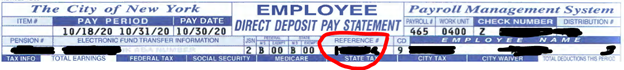 A screenshot of the Employee Direct Deposit Pay Statement top information area with personal identificators blacked out and the location of the reference number circled in red