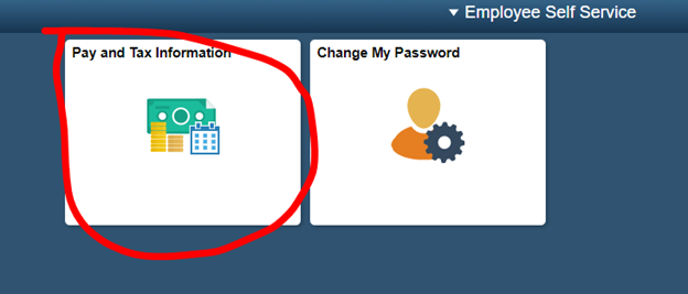 A screenshot of the Employee Self Service page with the Pay and Tax Information tile circled in red