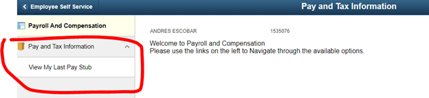 A screenshot of the Pay and Tax Information page with the View My Last Pay Stub menu item circled on the left side drop-down menu under Payroll and Compensation