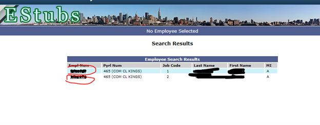 A screenshot of the Estubs Employee Search Result page displaying two employee records in a table with Employee Number and Name blacked out and the location of the Employee Numbers in the first column circled in red.