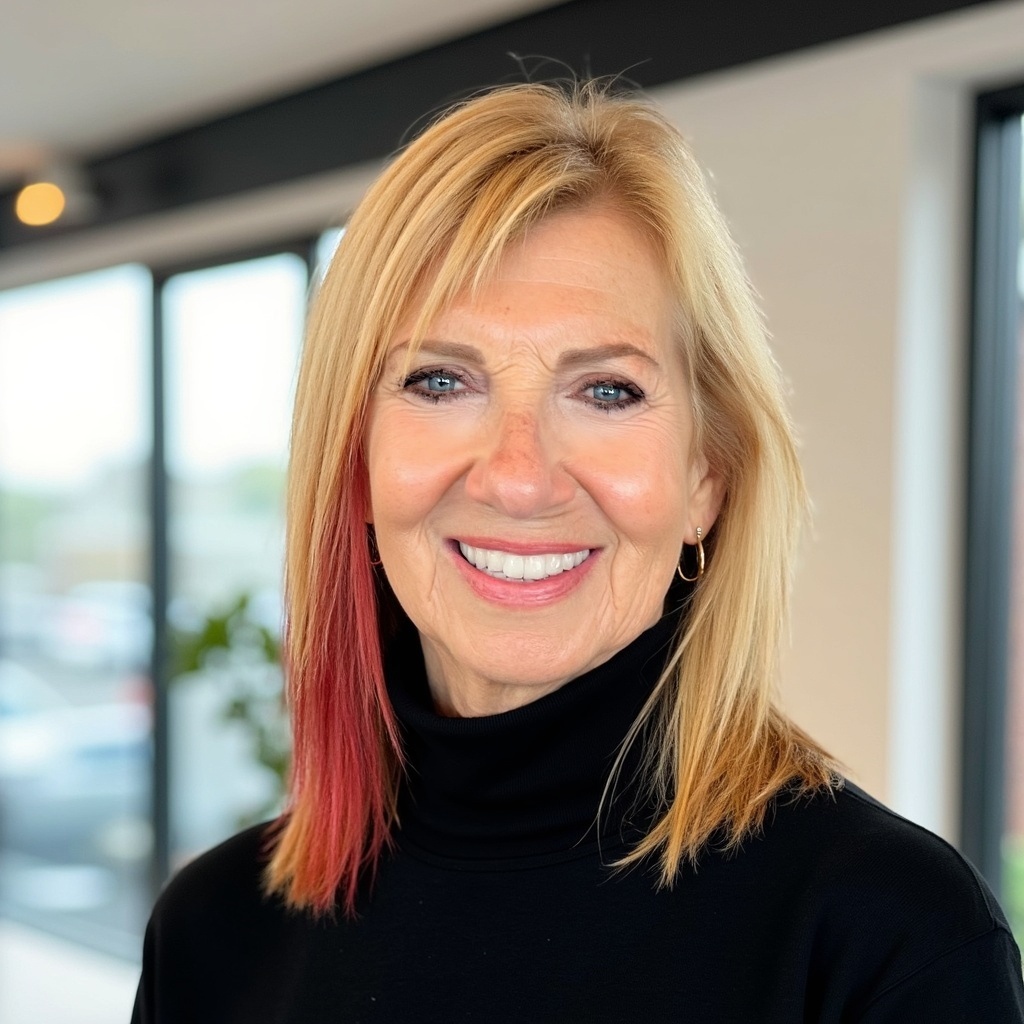 Photo of a woman with blond, shoulder-length hair, wearing a black turtle-neck, smiling and looking at the camera.