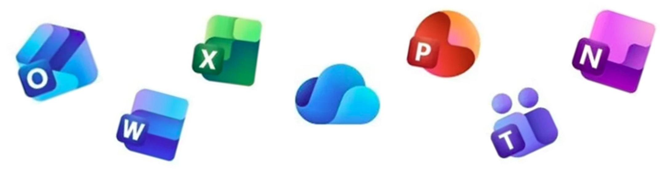 decorative image of seven floating microsoft app icons