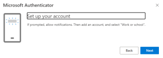 Screenshot of MS Authenticator Instructions: Set up your account. If prompted, allow notifications. Then add an account and select "Work or school".