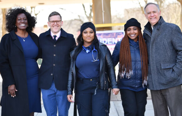 Photo of President Claudia Schrader, Jess Dannhauser, Antonette McKnight, Lola Ramaseur, and CUNY Chancellor Félix V. Matos Rodríguez