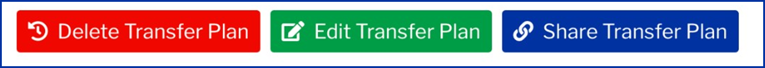 Screenshot of the submitted Transfer Plan: three button across the top: red button: delete Transfer Plan, green button: Edit Transfer Plan, blue button: Share Transfer Plan.